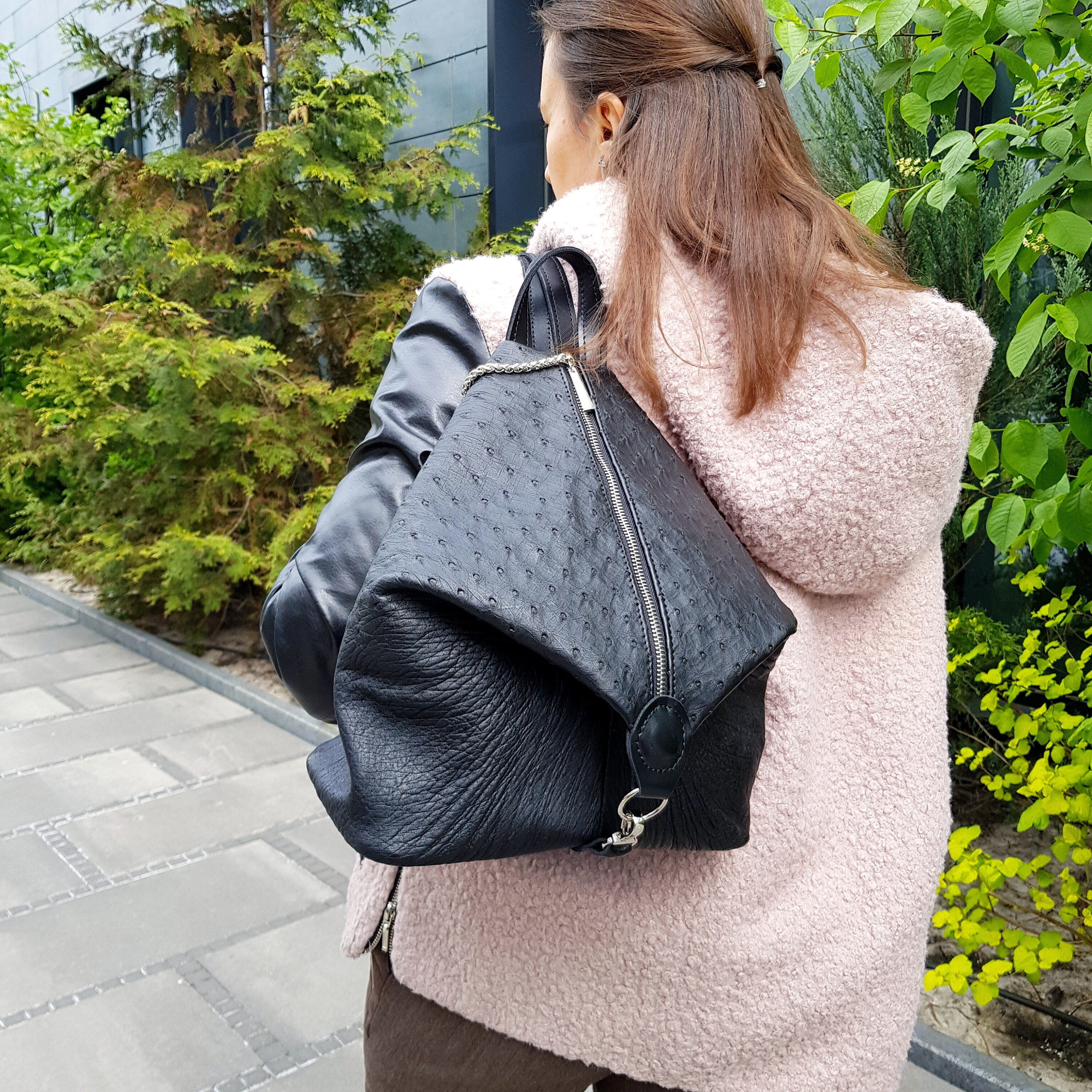 Black Faux-Ostrich Leather Backpack with Matching Wallet Ostrich Backpack for Women, Genuine Ostrich Leather Backpack  main image 2