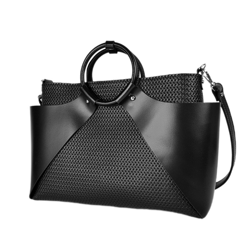 Black leather handbag, black shoulder bag, black handbag, office bag, gift for her image 3