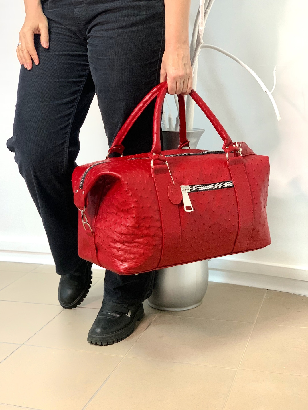 Straußenleder Reisetasche für Kurztrips, klassische rote Weekender