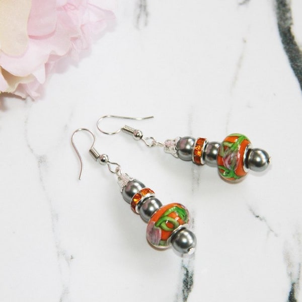 Boucles d'oreilles pendantes en perle de verre orange et verte strass earring