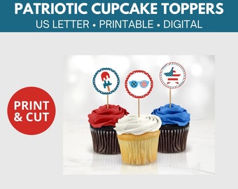 Patriotic | Red White Blue | 4th of July | Cupcake Toppers | Printable | Party Supplies