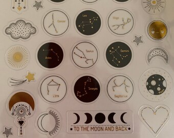 Stickers signes zodiaque astrologie magie lunaire lune / dimension planche 12,5 cm x 7,5 cm / autocollants noir doré décoration grimoires