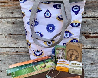 Bolsa - Caixa esotérica com tema Proteção ocular turca: incenso, porta-incenso, sabonete, palo santo e bolsa de tecido branco e cinza, pulseira