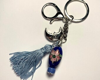 Sky blue pompom and silver metal ceramic pearl key ring