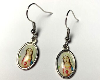 Boucles d'oreilles Sacré Coeur de Marie protection métal argenté et résine