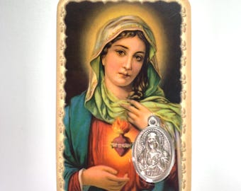 Sagrado Coração de Maria, cartão de medalha com oração