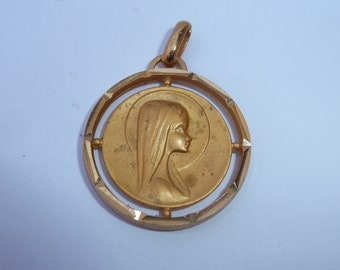 Médaille ancienne plaquée or, Vierge Marie petite fille,  28 mm