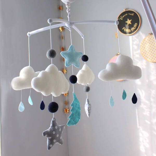 Sujets pour mobile bébé nuage et gouttes de pluie, étoiles et plume tons de bleu et gris (vendu SANS potence)