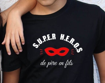 T-shirt Super-héros de père en fils. Taille enfant et Taille Adulte. 100% coton.