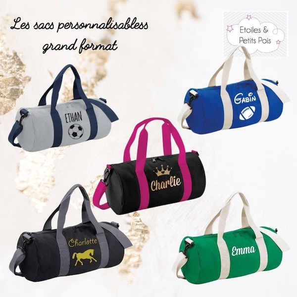 Sac de sport prénom personnalisé Grand Format sac de voyage, ou à langer. Plusieurs coloris (gris, vert, bleu, noir)