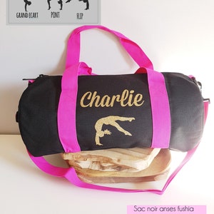 Sac de sport prénom personnalisé, sac de voyage, ou à langer. Plusieurs coloris rose, bleu, rouge, noir Anses, bandoulière et poche zippée Noir anses fushia