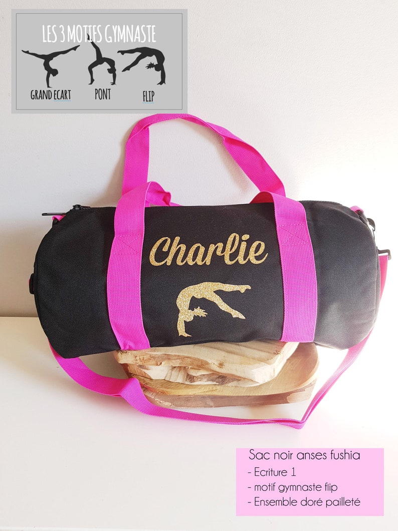 Sac de sport prénom personnalisé, sac de voyage, ou à langer. Plusieurs coloris rose, bleu, rouge, noir Anses, bandoulière et poche zippée Noir anses fushia