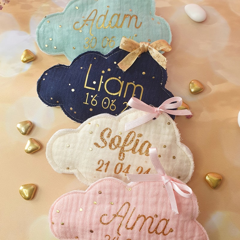 Personalized candy bags in liberty or cotton gauze. Cloud shape for baptism, communion, wedding, engagement, guest gift.