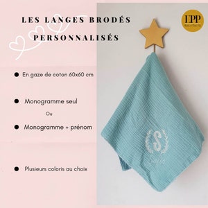 Lange bébé brodé et personnalisé avec une initiale couronne de feuilles et un prénom. Plusieurs coloris au choix. image 2