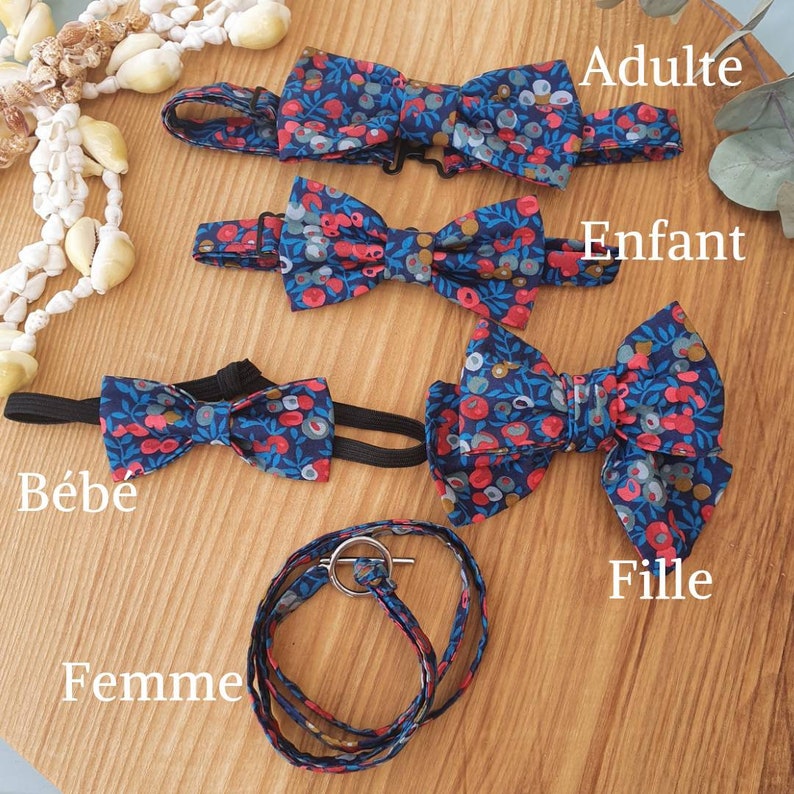 Noeuds papillon en Liberty et accessoires pour toute la famille. Taille adulte et taille enfant. Plusieurs coloris au choix. Bleu et rouge