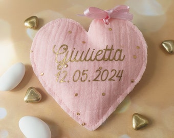 Personalized candy bags in liberty or cotton gauze. HEART shape for baptism, communion, wedding, engagement, guest gift.