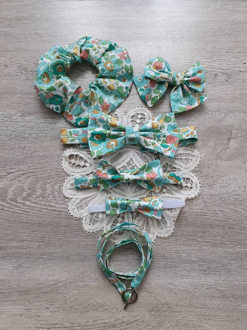 Noeuds papillon en Liberty et accessoires pour toute la famille. Taille adulte et taille enfant. Plusieurs coloris au choix. Vert