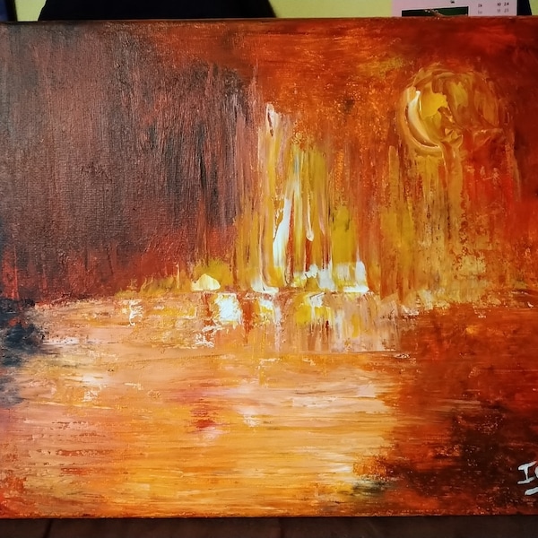 Peinture acrylique paysage abstrait Lac de feu