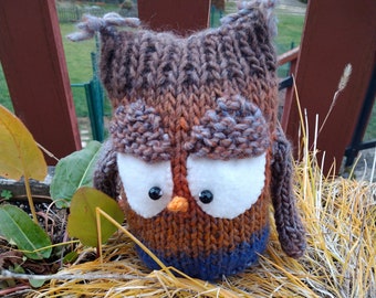 Brown and blue owl knitted wool cuddly toy