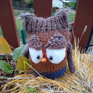 Brown and blue owl knitted wool cuddly toy image 1