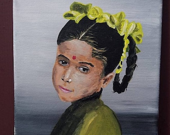 Acrylic paint prtrait Girl with ribbons