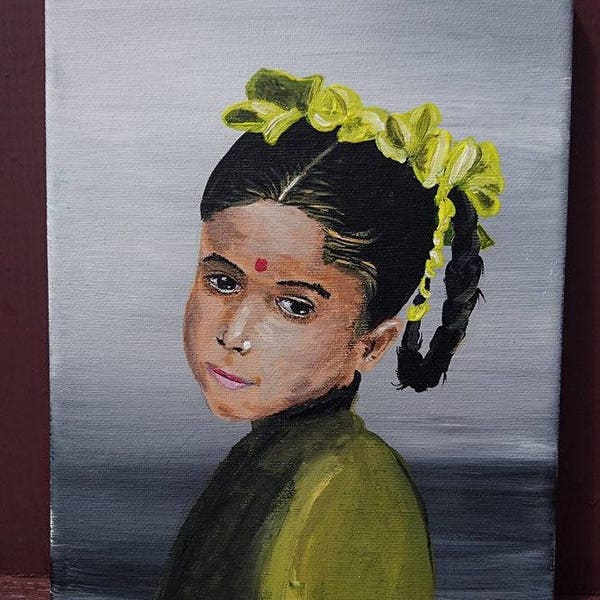 Peinture acrylique prtrait Fille aux rubans