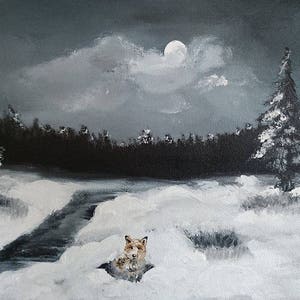 Acrylic painting winter landscape Fox in the snow