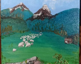 アクリル画 山の牧草地の風景 - Etsy 日本