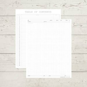 May include: A black and white printable table of contents template with a grid pattern. The template has a column for item number, description, page number, and notes. The template is labelled "Table of Contents".