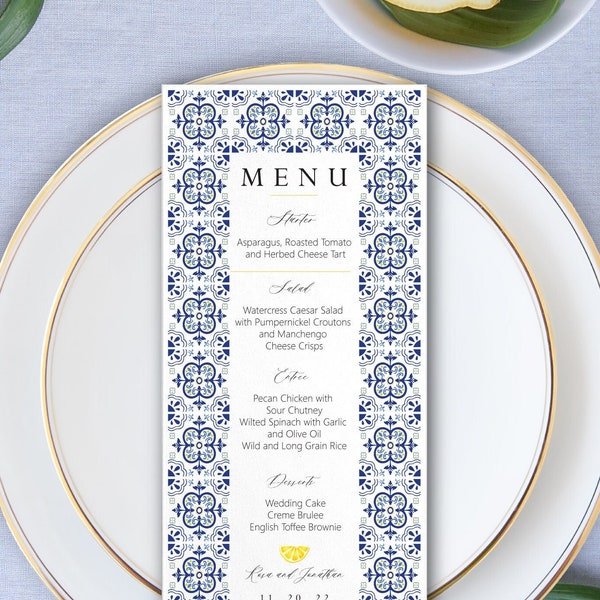 Mediterranean Blue Tile  Menu Card | Lemon Wedding Menu Cards| Citrus Menu Cards