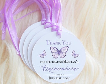 Purple Butterfly Thank You Tags| Lavender Butterfly Quinceañera Tags| Butterfly Birthday Favor Tags