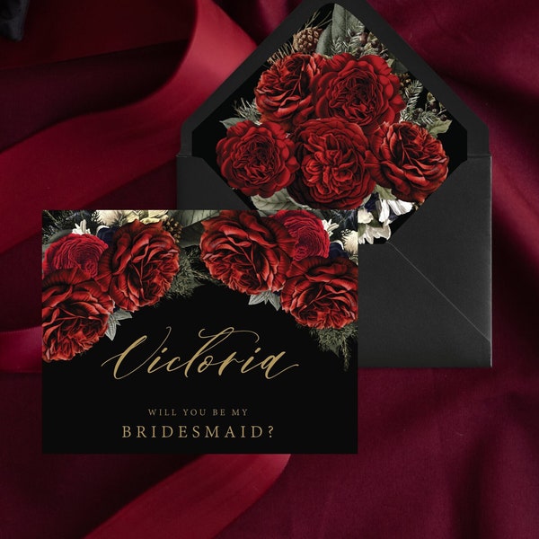 Red Roses Bridesmaid Proposal Card| Maid Of Honor Proposal Card| Moody Floral Proposal Cards