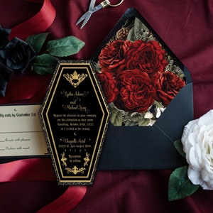 Black Coffin Wedding Invitation | Coffin And Red Roses Invitation | Gothic Coffin Invitation