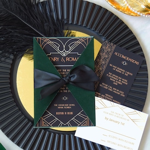 Velvet Emerald Art Deco Wedding Invitation | Black and Emerald Invitation Suite| Great Gatsby Invitation