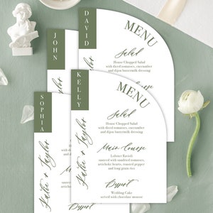 Cartes De Menu De Mariage Vertes| Menu du dîner voûté| Menu de réception vert olive | Cartes de menu personnalisées arquées