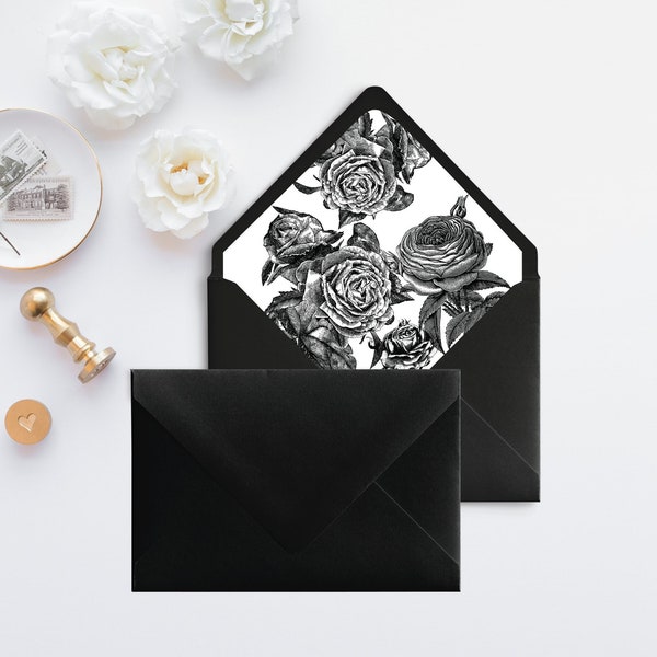 Black Roses Matte Envelope| A7.5 Vintage Roses Envelope| Black And White Floral Envelopes| Gothic Roses Envelope Liner