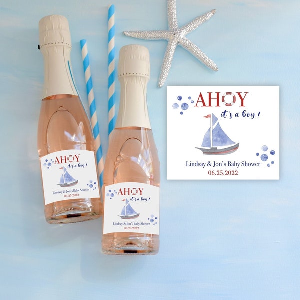 Ahoy It's A Boy Wine Label | Nautical Baby Shower Wine Label | Navy Mini Champagne Sticker