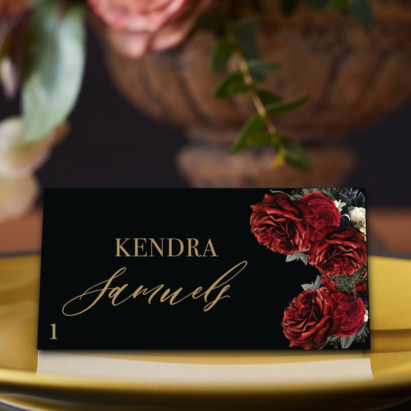 Moody Roses Place Card| Burgundy Floral Escort Card| Red Roses Seating Card| Black Floral Place Card