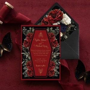 Red Coffin Wedding Invitation | Red Roses Gothic Invitation | Till Death Do Us Part Coffin Invitation