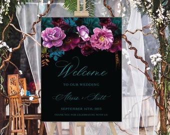 Welcome Wedding Sign| Jewel Floral Wedding Sign| Moody Wedding Sign| Wedding Reception Sign