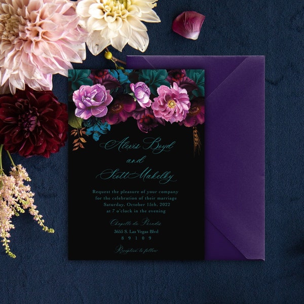 Jewel Tone Floral Wedding Invitation| Moody Teal And Black Invitation| Purple and Teal Wedding Invitation