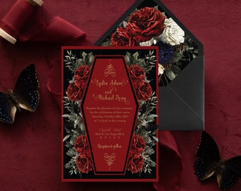 Red Coffin Wedding Invitation | Red Roses Gothic Invitation | Till Death Do Us Part Coffin Invitation