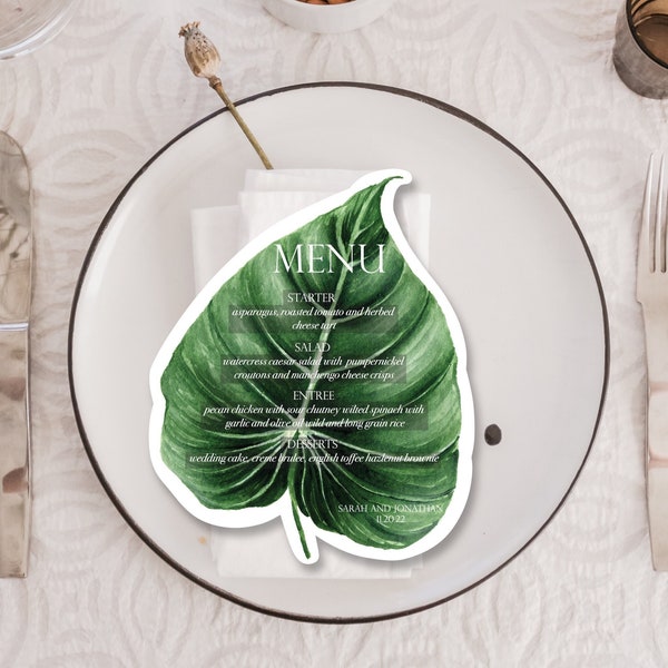 Printed Tropical Menu Card | Monstera Leaf Shaped Menu Cards| Palm Leaf Matte Menu Card