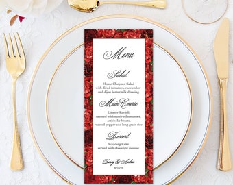 Red Roses Menu Card| Burgundy Roses Menu Cards| Floral Menu Card| Wedding Reception Menu