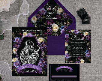 Purple Gothic Floral Invitation | Skeleton Couple Wedding Invitation | Til Death Do Us Part Wedding Invitation