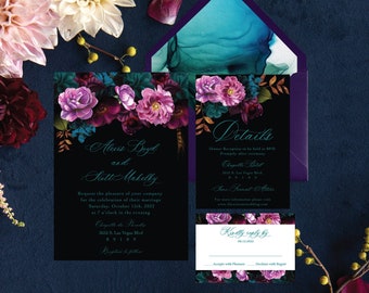 Jewel Tone Floral Wedding Invitation| Moody Teal And Black Invitation| Purple and Teal Wedding Invitation