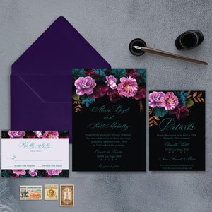 Jewel Tone Floral Wedding Invitation| Moody Teal And Black Invitation| Purple and Teal Wedding Invitation