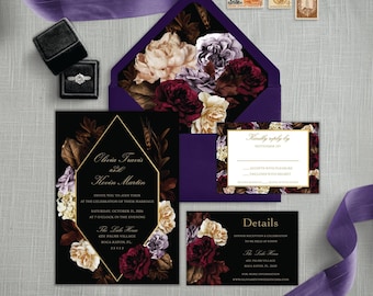 May include: A black and gold wedding invitation with floral details. The invitation features a dark background with gold accents and a floral design in shades of burgundy, cream, and purple. The text on the invitation reads "Olivia Travis and Kevin Martin" and includes the date and time of the wedding. The invitation also includes a RSVP card and a details card.