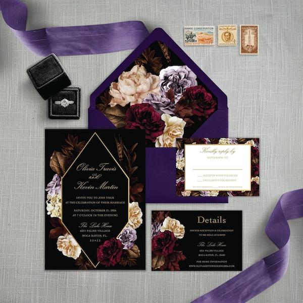Dark Floral Wedding Invitation | Purple Moody Invitation| Melancholic Wedding Invitation