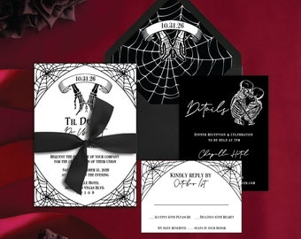 Spinnenweb bruiloft uitnodiging | Tot de dood ons scheidt uitnodiging| Gotische huwelijksuitnodiging | Skelet bruiloft uitnodiging